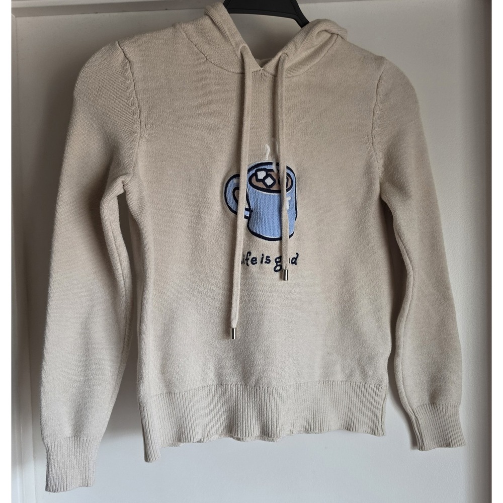 Life is Good Hoodie XS Beige Graphic Casual Pullover Sweatshirt Women